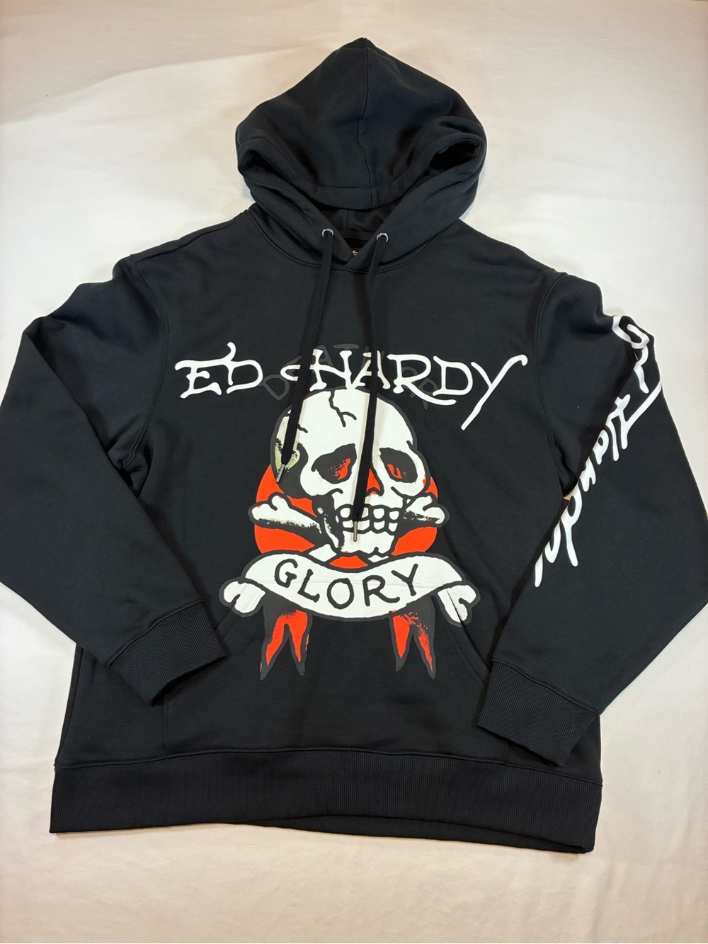 Ed Hardy Black Hoodie with Red & White Skull 'Glory' Graphic